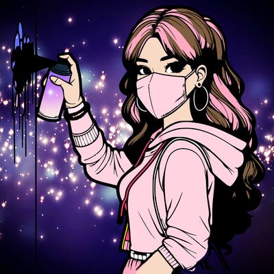 realistic girl with mask spray painting a wall