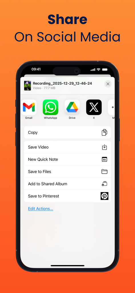 Screen Recorder: Record Video - Mobile screen displaying social media sharing options for recorded videos