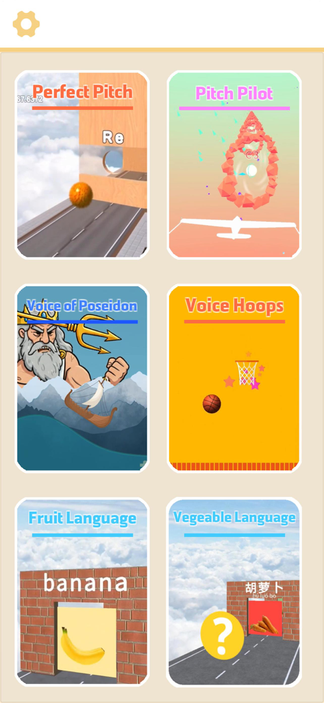 Voice Through - A menu screen showing various voice-controlled mini-games like Perfect Pitch and Pitch Pilot