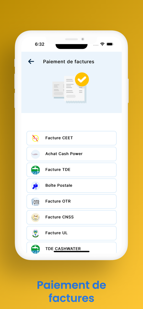 E-POSTE - E-POSTE app interface for paying utility bills in Togo including electricity and water