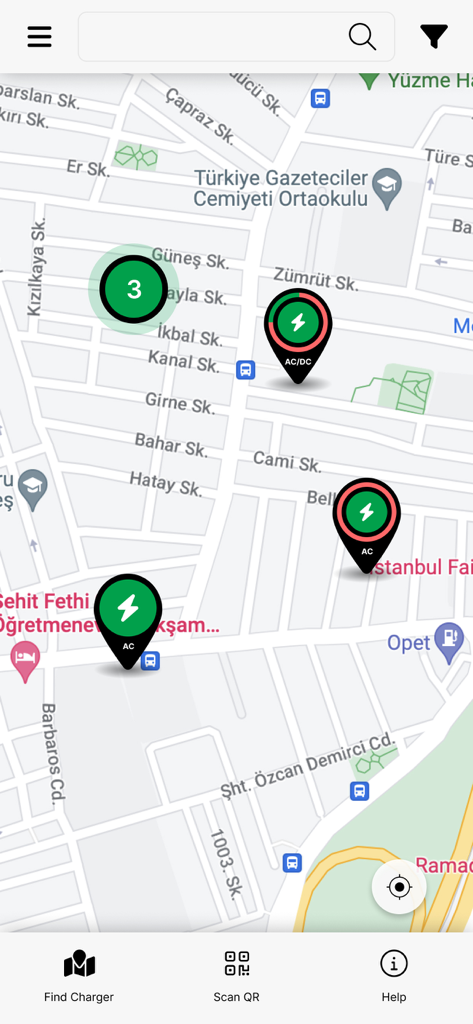 UCharge Powered by UNIPET - UCharge app map interface showing real-time locations and availability of electric vehicle charging stations