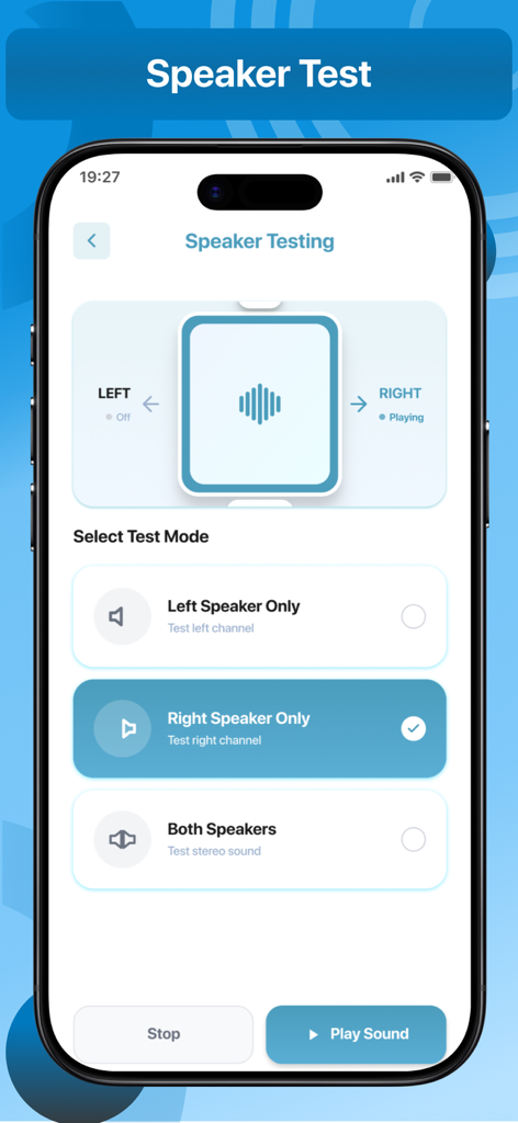 Speaker Cleaner | Water Eject - Interfaz para probar el rendimiento del altavoz izquierdo y derecho en un iPhone