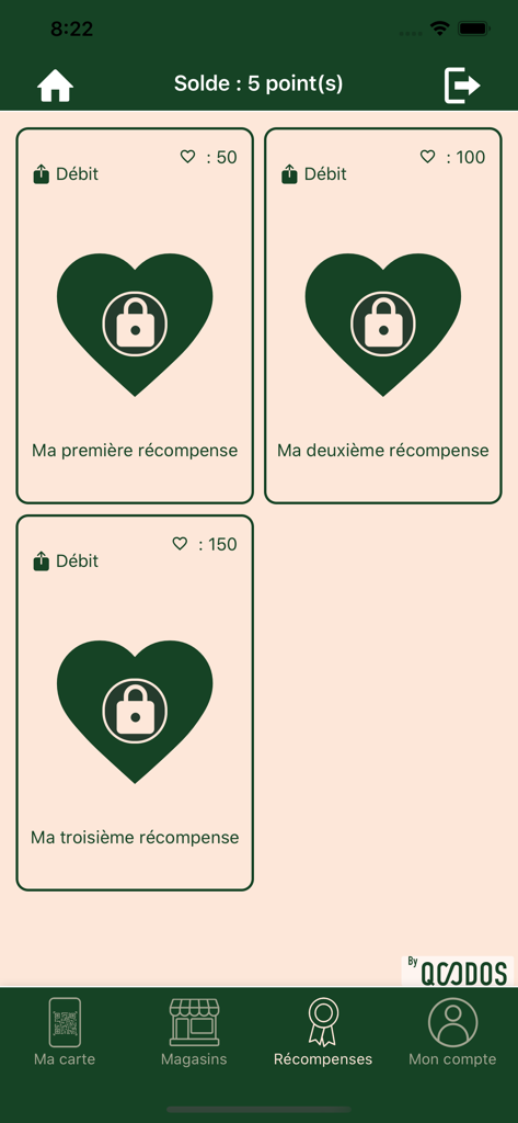 Pépite Libourne - Pantalla de recompensas de la app de fidelidad Pépite Libourne que muestra los puntos necesarios para diferentes premios.