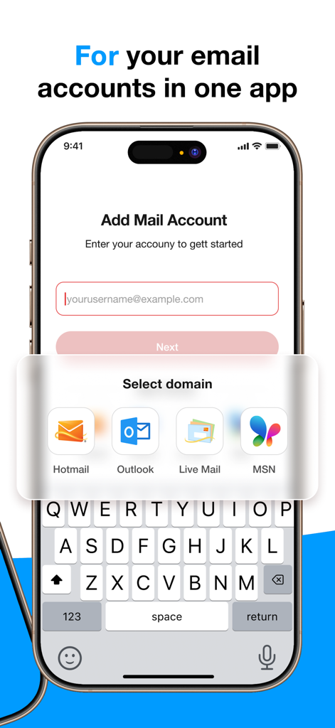 Interface para adicionar contas Hotmail Outlook Live Mail e MSN
