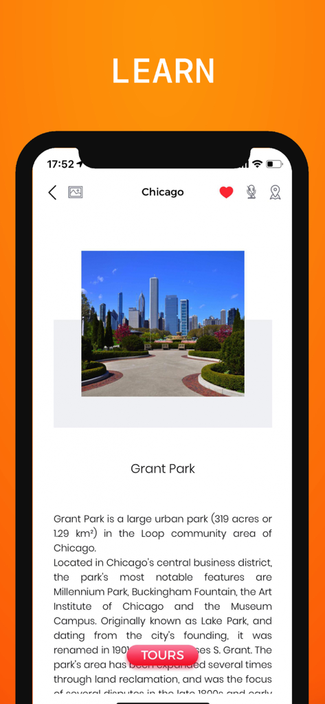 Chicago Travel Guide . - Grant Park informational page in the Chicago Travel Guide app featuring a city skyline view and historical description