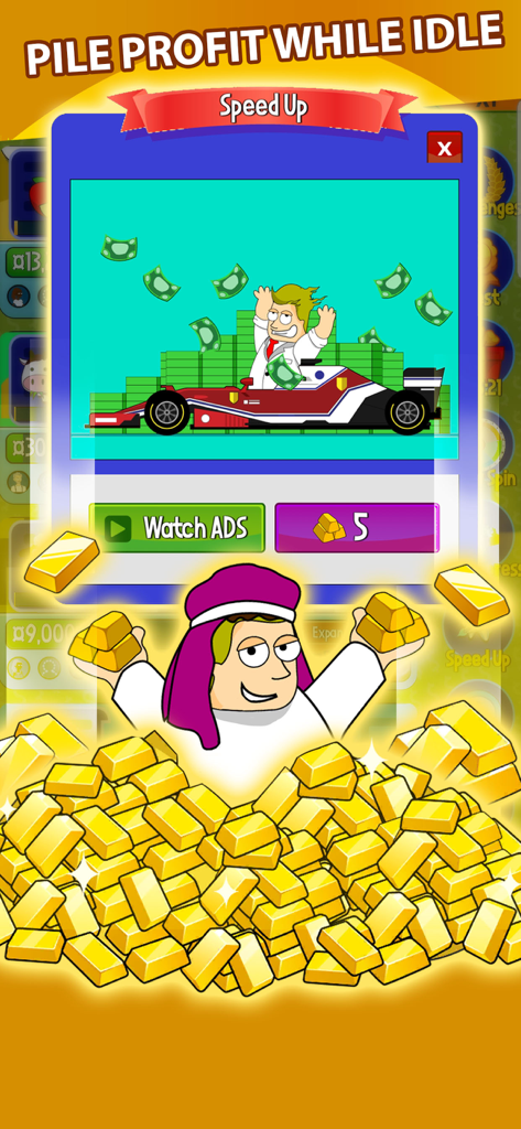A cartoon character in a racing car showered with cash and a mountain of gold bars featuring a speed up promotion