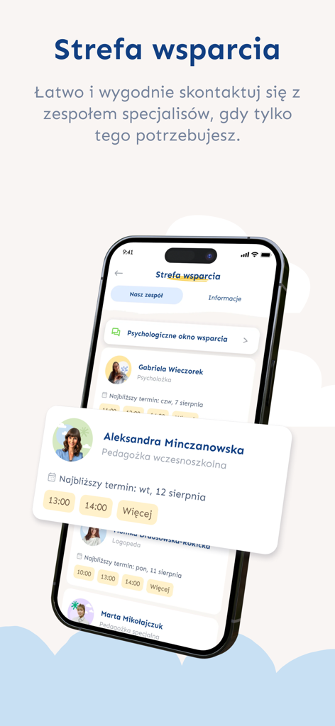 Szkoła w Chmurze - Tela da zona de suporte no aplicativo Szkola w Chmurze mostrando uma lista de especialistas em educação e horários de agendamento de consultas.