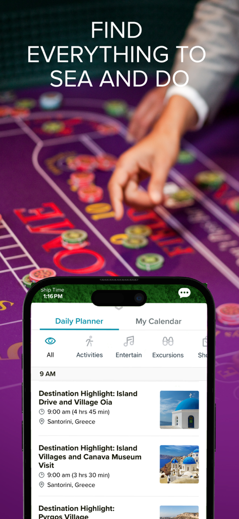 Celebrity Cruises app Daily Planner interface showing shore excursions for Santorini