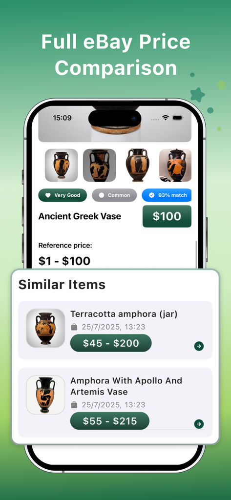 ThriftValue AI: Scan & Profit - Screenshot of the ThriftValue AI app displaying a price comparison for an ancient Greek vase with similar item listings and resale price ranges