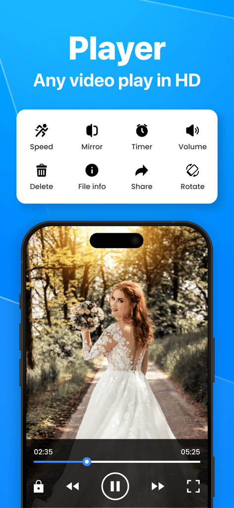File Manager - File Organizer - Schermata dell'app File Manager che mostra un'interfaccia lettore video HD con controlli di riproduzione e opzioni di gestione dei media