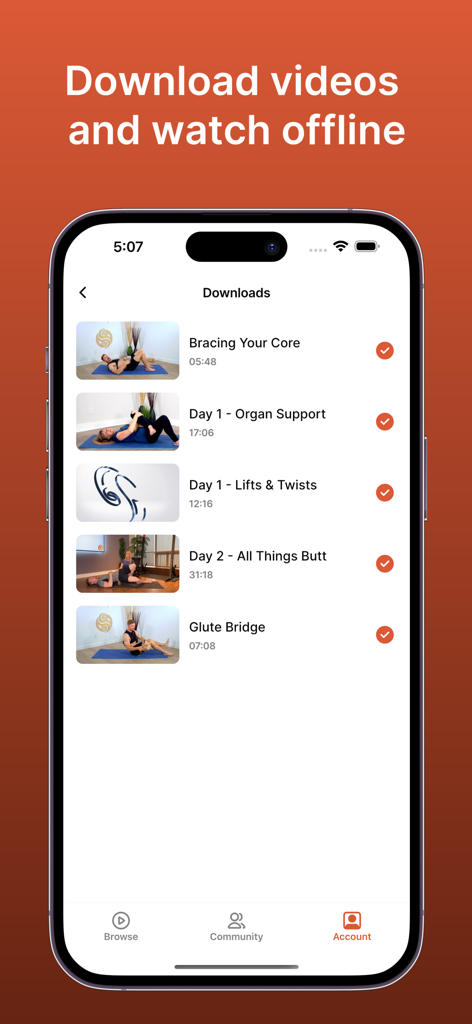 Block Therapy - A smartphone screen showing the downloads section of the Block Therapy app with various fascia decompression videos available for offline viewing.