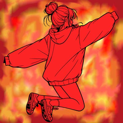 realistic girl jumping with a bun and oversized sweatshirt