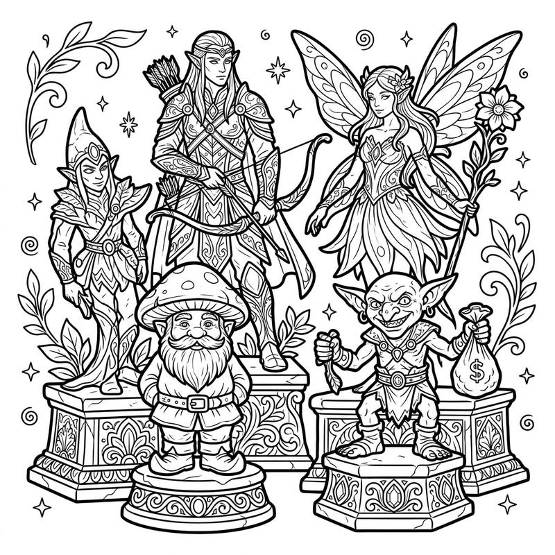 Step into a world of myth and magic with this captivating coloring page featuring beautifully detailed fantasy character statues. Discover elves, fairies, gnomes, and goblins, all waiting for your artistic touch to imbue them with color.