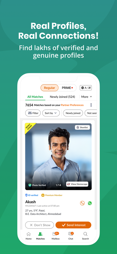 GujaratiMatrimony - Shaadi App - Verified user profile on the GujaratiMatrimony app showing personal and professional details