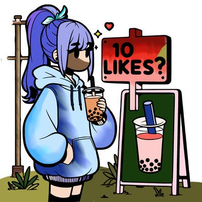 girl with oversized hoodie drinking boba and she has a high ponytail with a sign that says 10likes?