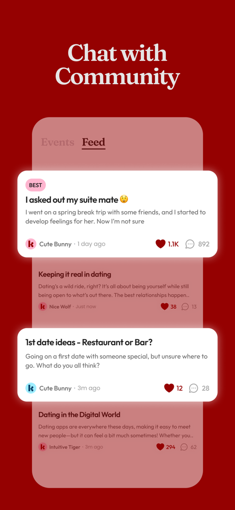 Krush app screenshot showing an anonymous community board with dating-related discussion posts and member interactions