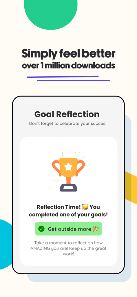 Shmoodyアプリの目標達成画面。トロフィーアイコンで完了した習慣を祝っています。