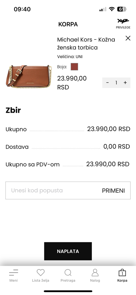 XYZ 패션 스토어 앱의 Michael Kors 핸드백과 주문 요약을 보여주는 쇼핑 카트 화면