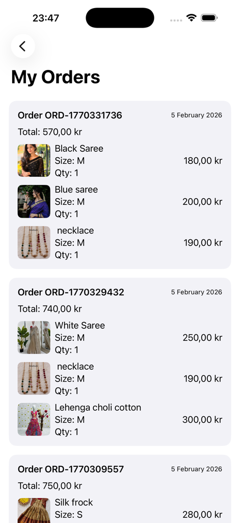 Deshi-Boutique - Deshi Boutique app My Orders screen displaying a list of purchased sarees dresses and necklaces with order details
