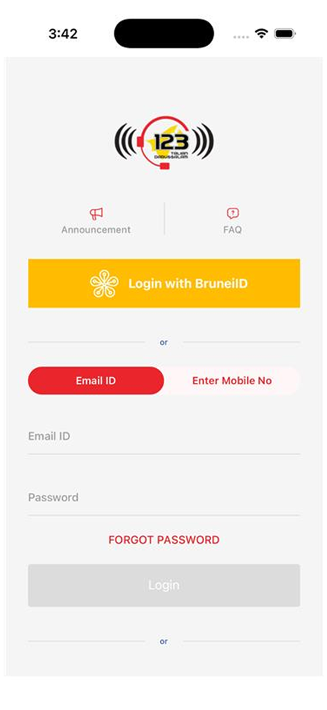 TD123 - Login screen for the TD123 app featuring sign-in options for BruneiID and Email ID