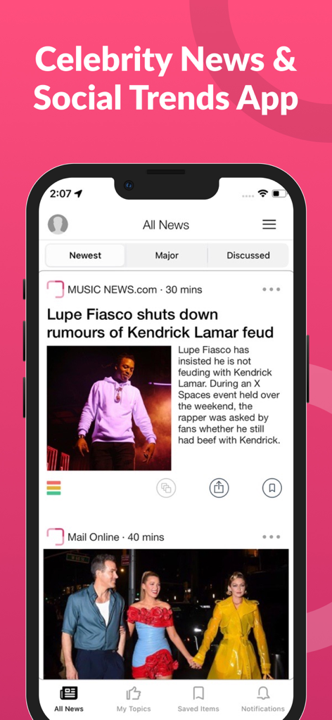 Celebrity News & Social Trends - iPhone screen showing a news feed with celebrity headlines and entertainment stories