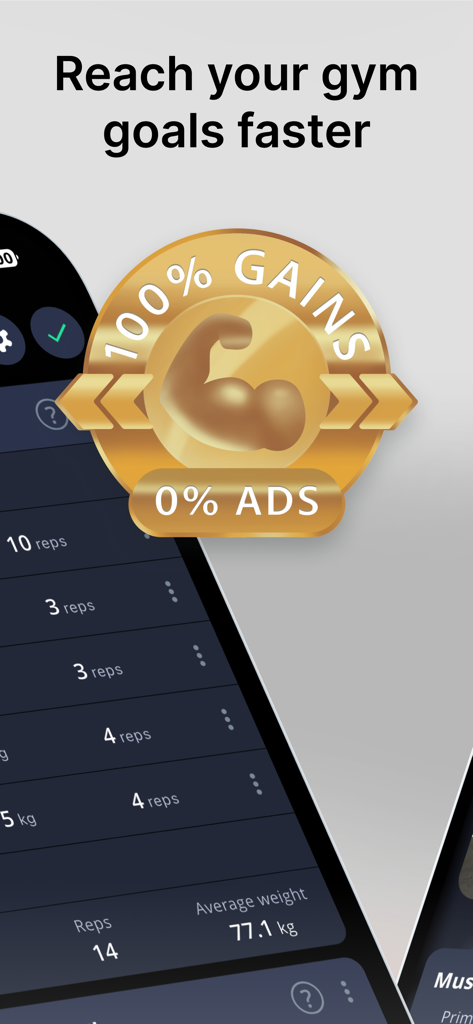 StrengthLog – Workout Tracker - Un'interfaccia del tracker di allenamento di StrengthLog con un badge guadagni al 100% e zero pubblicità.
