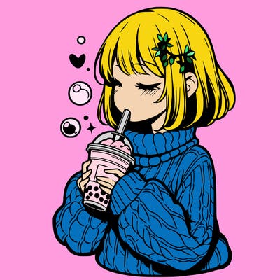 manga girl drinking boba in cozy sweater
