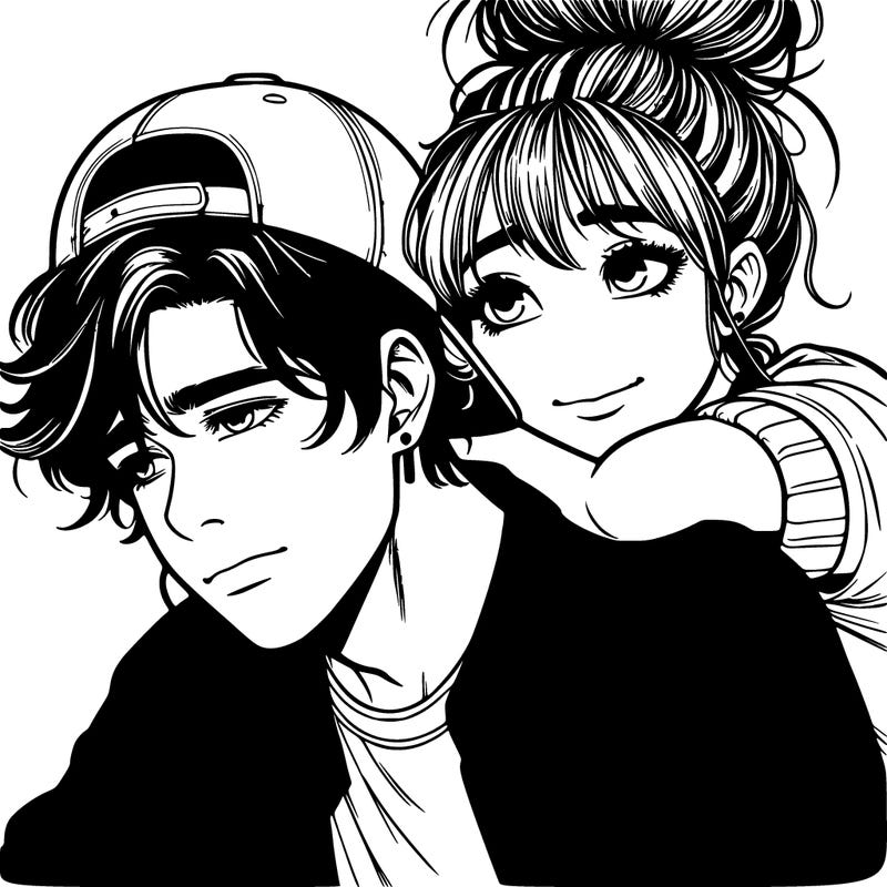 a young boy with a baseball hat with a young adult girl with a messy bun laying her head on his shoulder in a comic book style