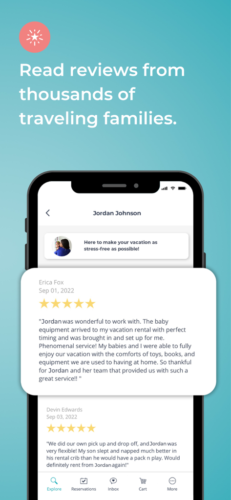 BabyQuip - Baby Gear Rentals - BabyQuipアプリのスクリーンショット。ベビー用品レンタルに関する旅行中の家族からの5つ星レビューと推薦文が表示されています。