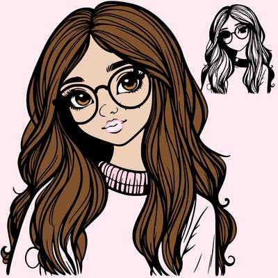 girl with long hair and freckles and realistic glasses