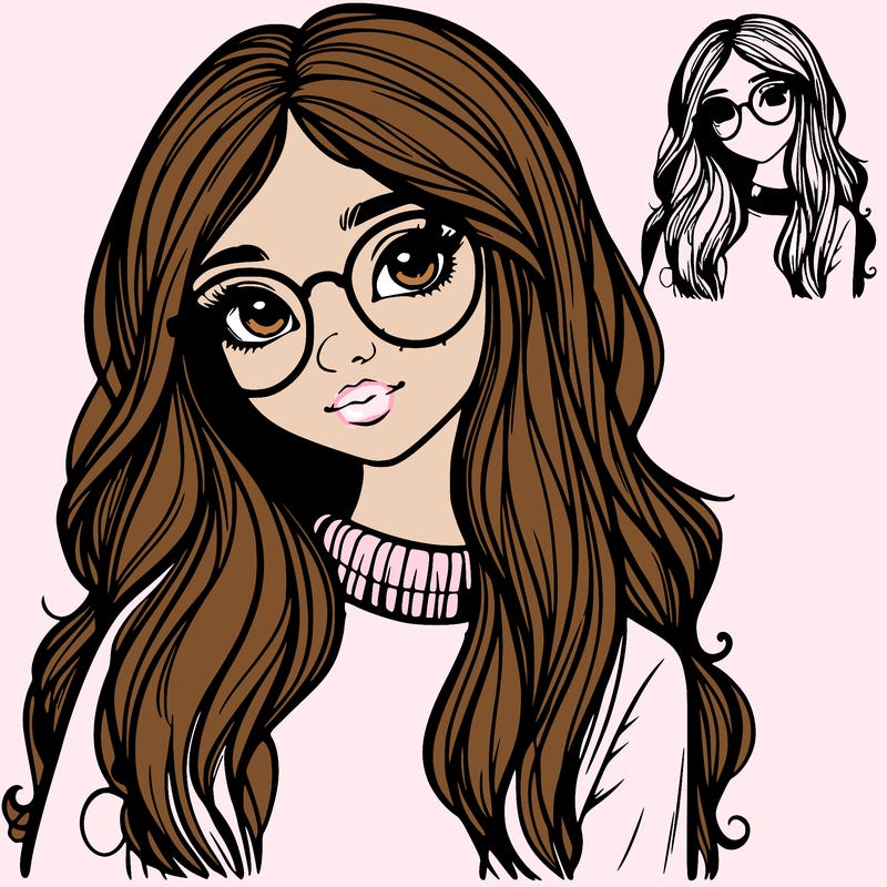girl with long hair and freckles and realistic glasses