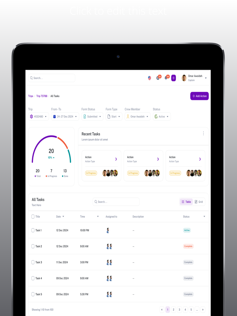 Vessel OPS - Vessel OPS dashboard showing a task list and operational progress for maritime management on an iPad screen.