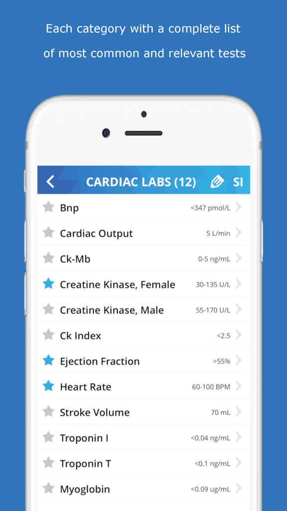 Lab Values Medical Reference - Captura de tela do aplicativo Valores de Laboratório exibindo uma lista de testes de laboratório cardíacos, incluindo frequência cardíaca e fração de ejeção