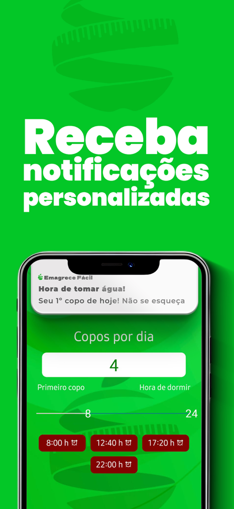 Emagrece Fácil - Smartphone screen displaying personalized water drink reminders in the Emagrece Facil app.