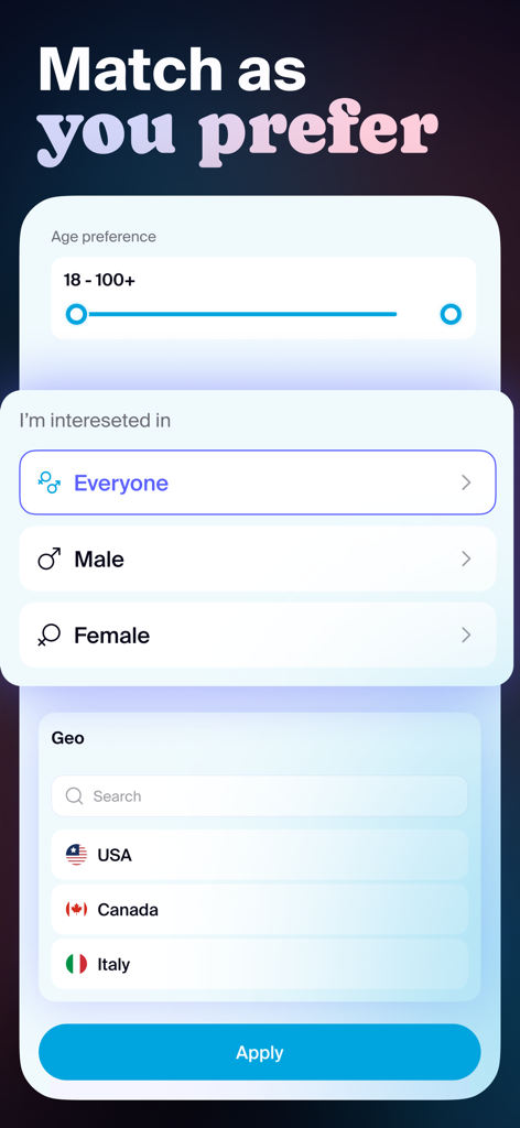 Camee - Benutzeroberfläche mit Alters-, Geschlechts- und Standortfiltern in der Camee-Videochat-App
