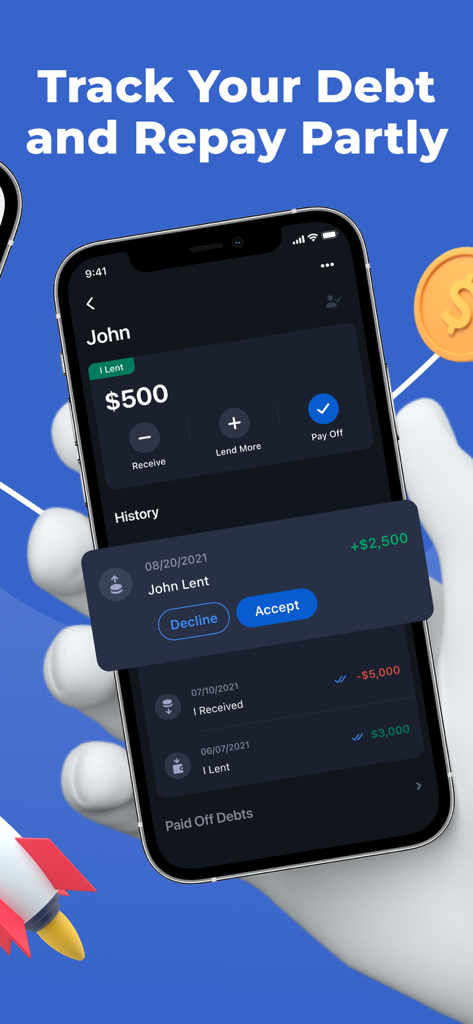 A smartphone showing the Saldo app interface for tracking debt history and managing payments with others.