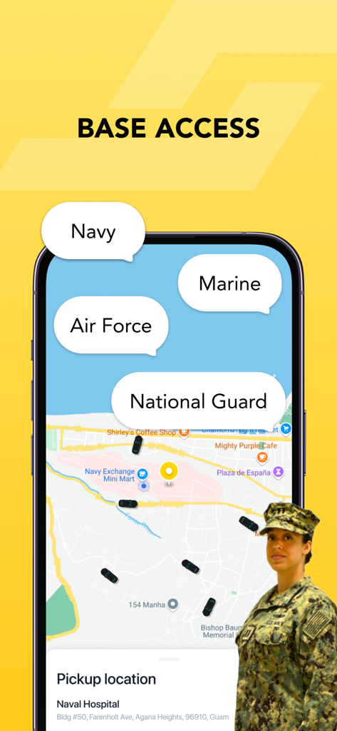 STROLL Guam ride hailing app interface showing military base access for Navy Air Force Marine and National Guard