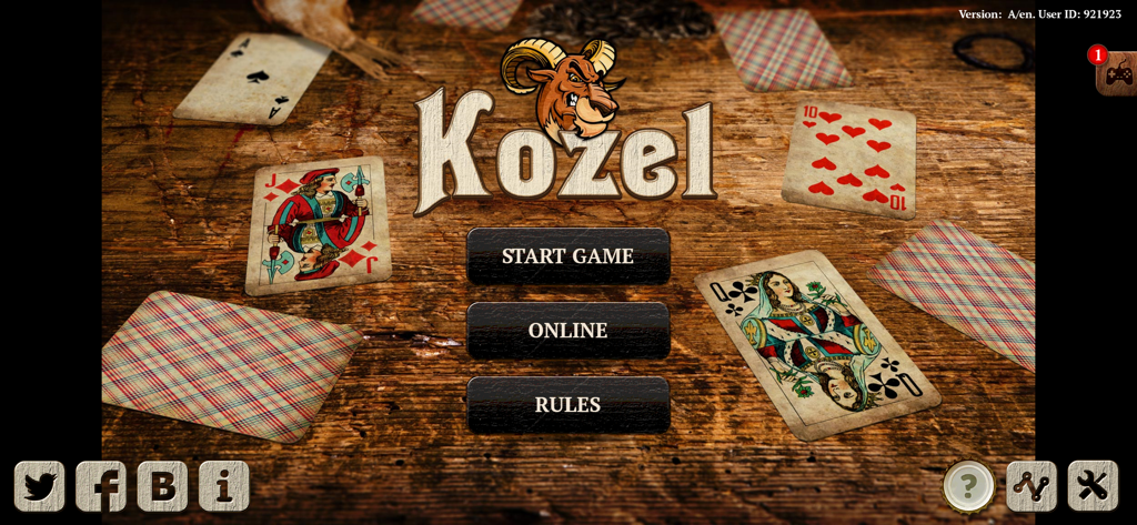 Kozel HD Online Card Game - Kozel HD 카드 게임의 메인 메뉴 화면, 놓인 카드 몇 장과 염소 로고가 있는 나무 테이블을 보여줍니다