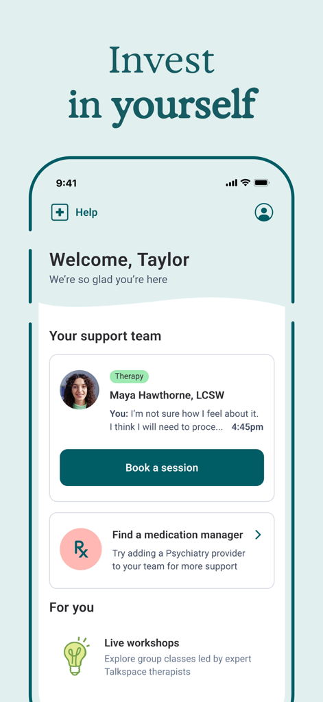 Talkspace: Virtual Therapy App - The home screen of the Talkspace app showing a personalized greeting for a user named Taylor, a therapist profile in the support team section, and a button to book a session.
