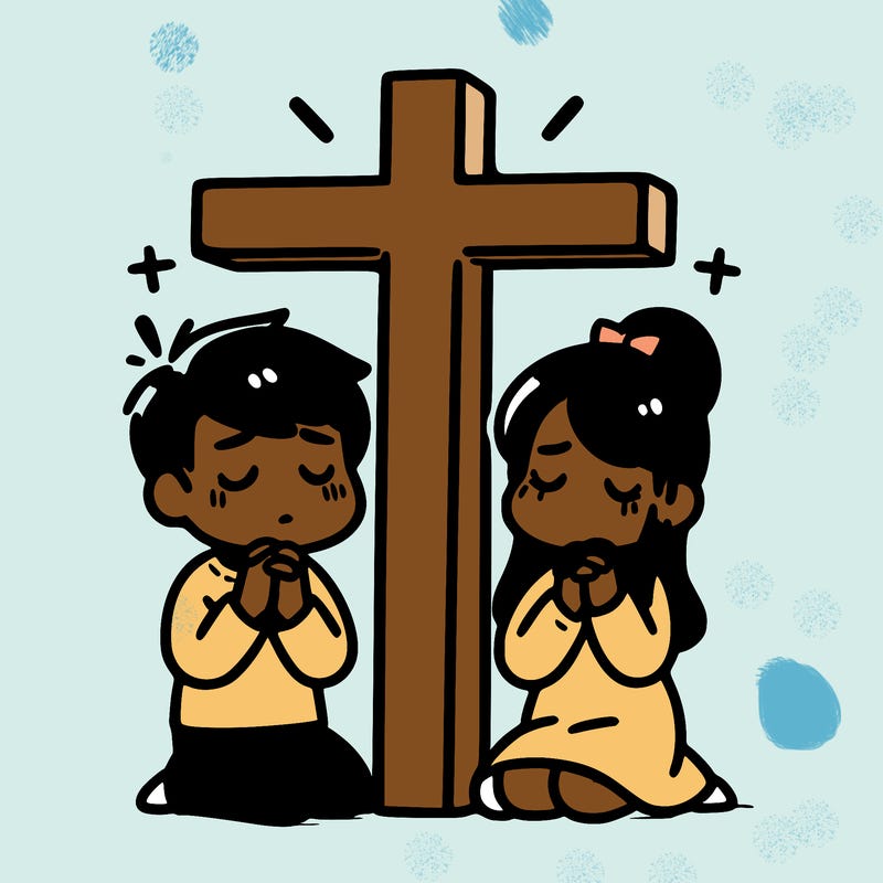 a man and a women praying to a cross