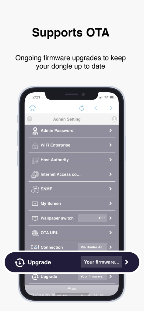 Menú de configuración de administrador de EZCast Pro que muestra opciones para actualizaciones de firmware por aire y configuración del dispositivo
