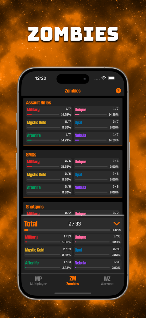 BO6 Camo Tracker - BO6 Camo Tracker mobile app interface showing weapon camo progress and challenges for Zombies mode