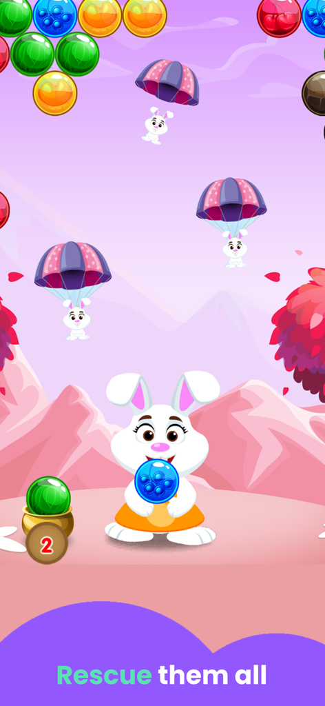 A white rabbit character in a bubble shooter game with parachuting baby bunnies