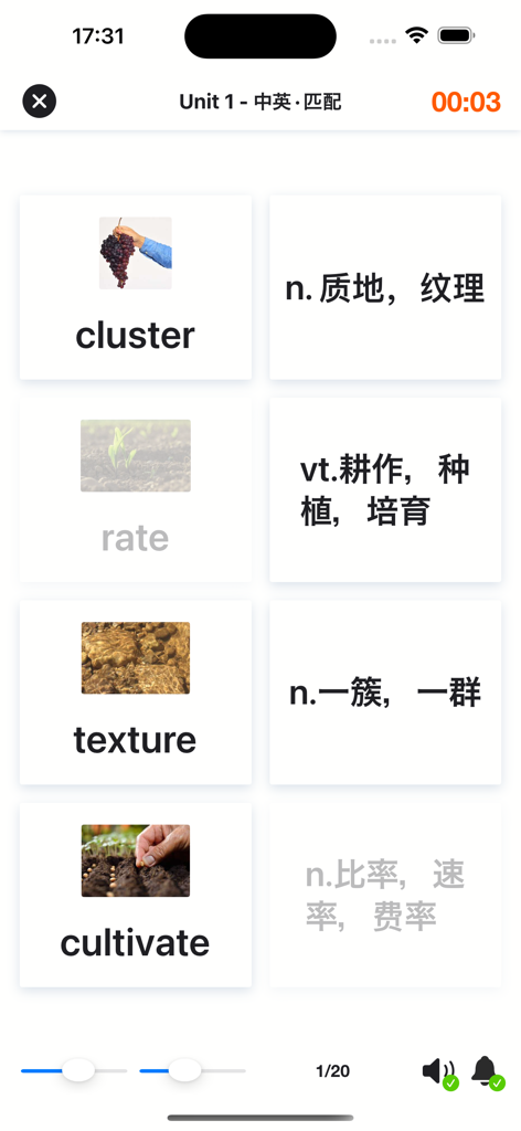 4000基础必备英语单词5 - A vocabulary matching game in the 4000 Essential English Words app showing English words like cluster and cultivate with their Chinese translations