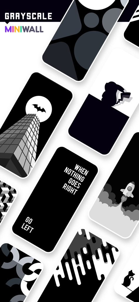 MiniWall Wallpapers - A collection of minimalist grayscale and monochromatic wallpapers for iPhone including geometric patterns and illustrative designs.