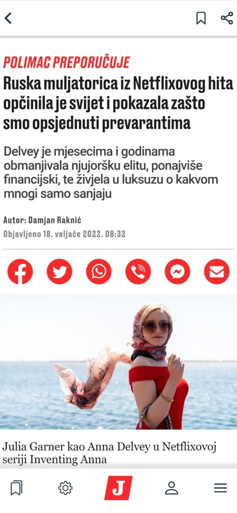 A news article in the Jutarnji list app featuring a review of the Netflix series Inventing Anna