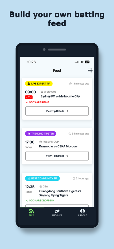 ProTipster: Betting Tips Feed - Mobile app screen showing a personalized sports betting feed with live alerts and expert tips.