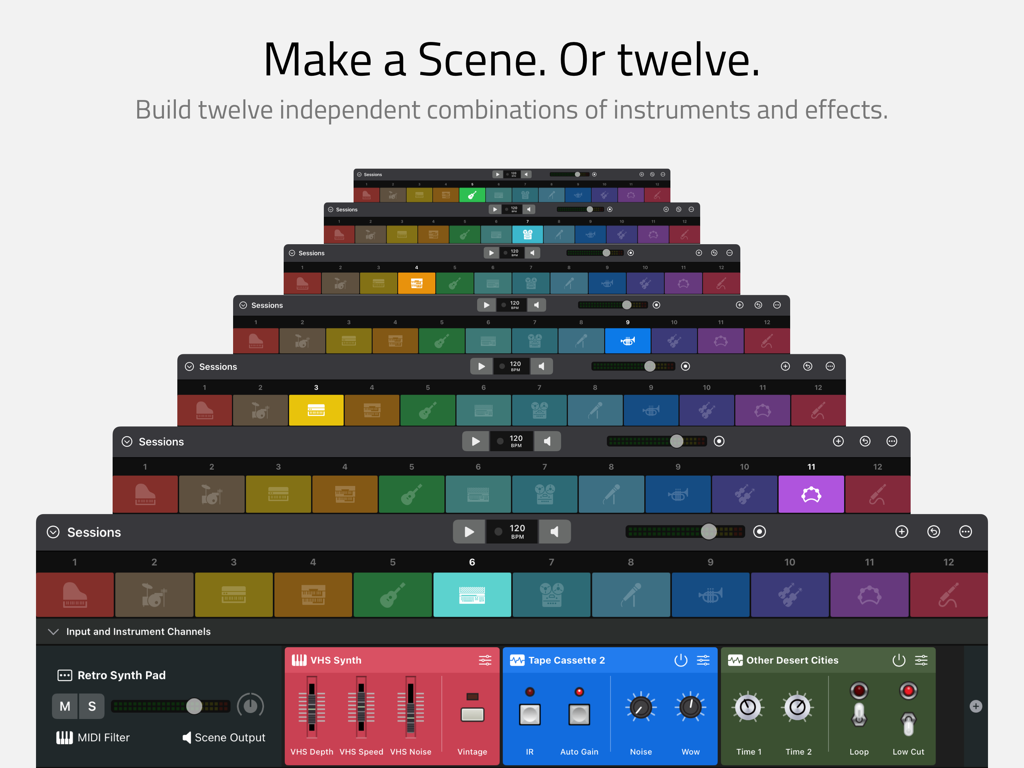A stack of app screens showing twelve independent instrument and effect scenes in the Sessions interface