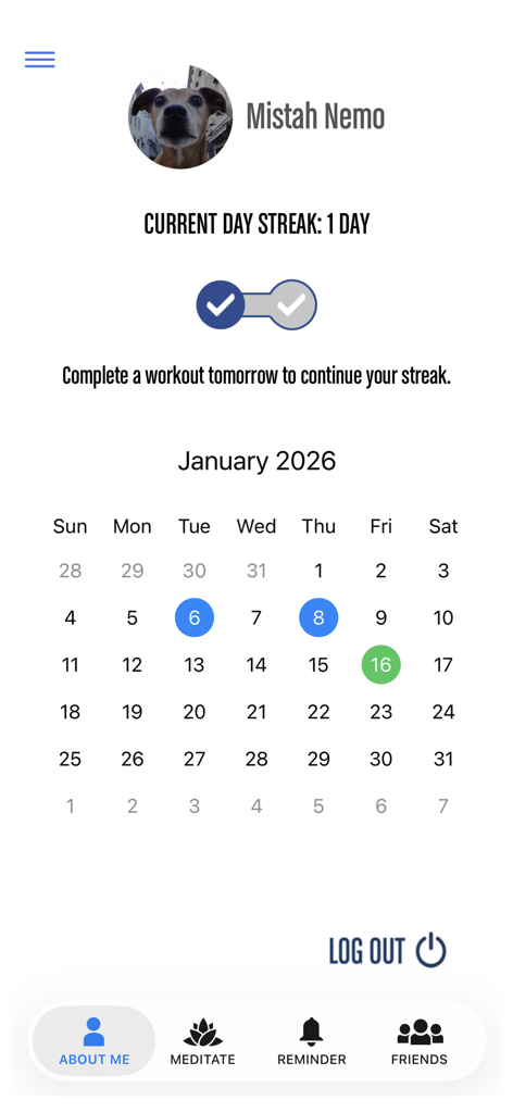 7 Minute Chi - Meditate & Move - A user profile screen in the 7 Minute Chi app showing a workout streak and a monthly calendar tracking exercise days.