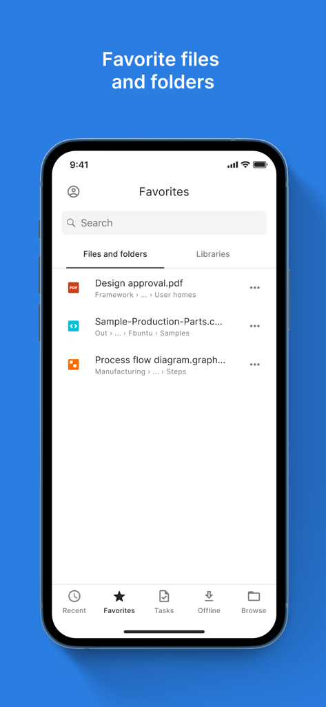 Alfresco Mobile Workspace - The Favorites interface of the Alfresco Mobile Workspace app showing saved documents and folders